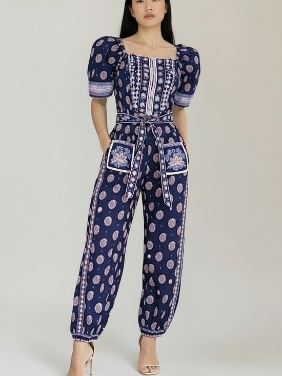 FARM Rio Pants - FARM Rio Printed Cotton Poplin Puff Sleeve Jumpsuit Navy Size Medium